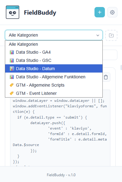FieldBuddy Kategorien-Auswahl und Suche