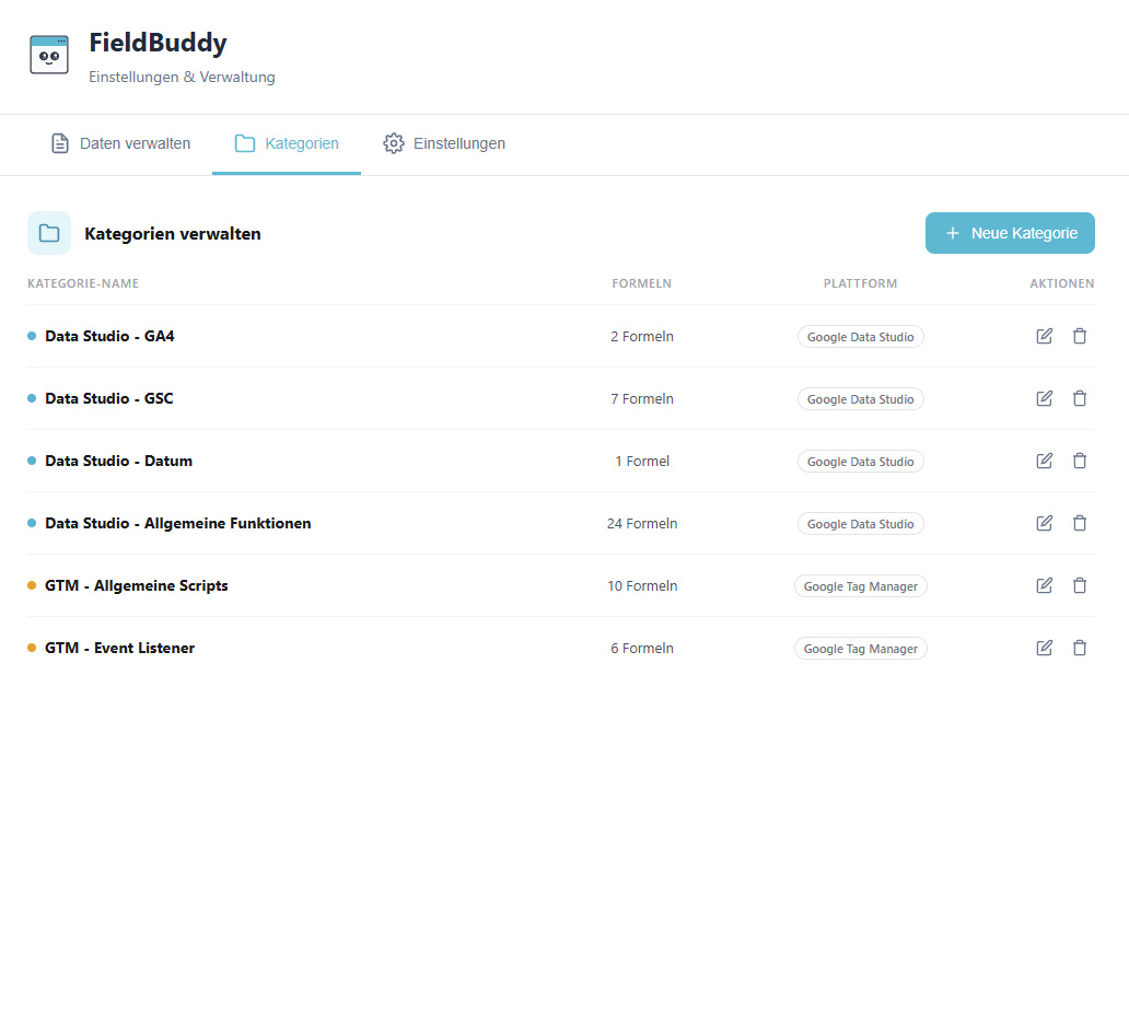 FieldBuddy Kategorienverwaltung und Tool-Zuordnung