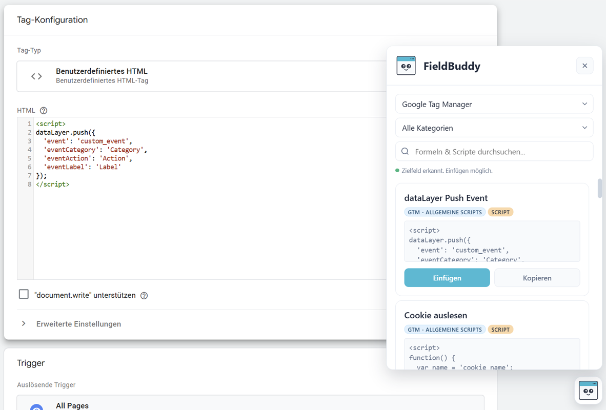 FieldBuddy-Button und Panel in Data Studio oder GTM