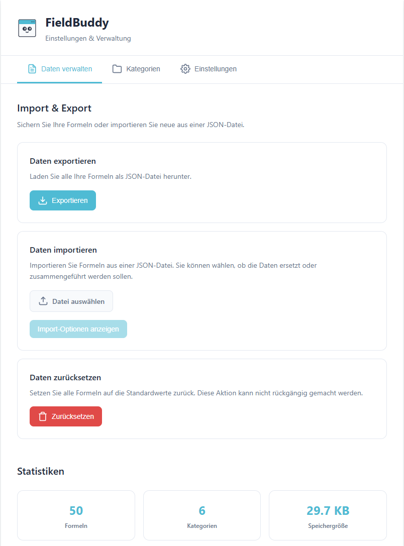 FieldBuddy Einstellungen mit Import, Export und Statistiken