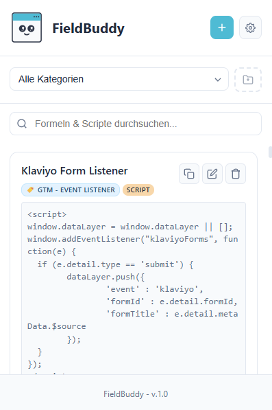 FieldBuddy Popup mit Bibliothek und farbigen Badges